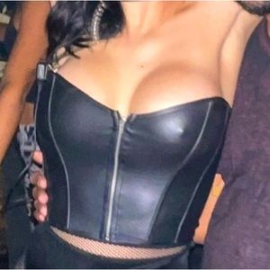 Faux leather zipper corset strapless bustier with boning